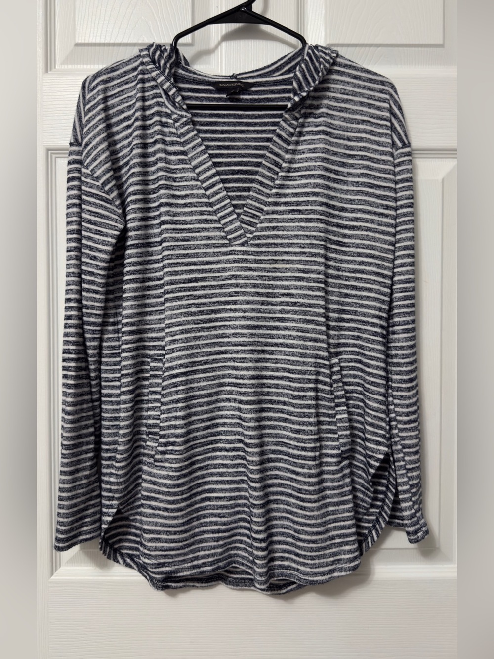 Banana Republic Navy and White Striped Hooded Long-Sleeve Top